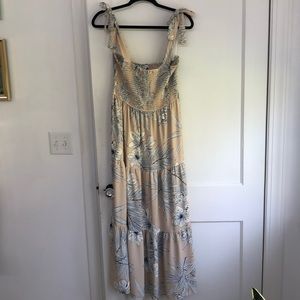 Crescent maxi dress with shirred top and adjustable tie straps
